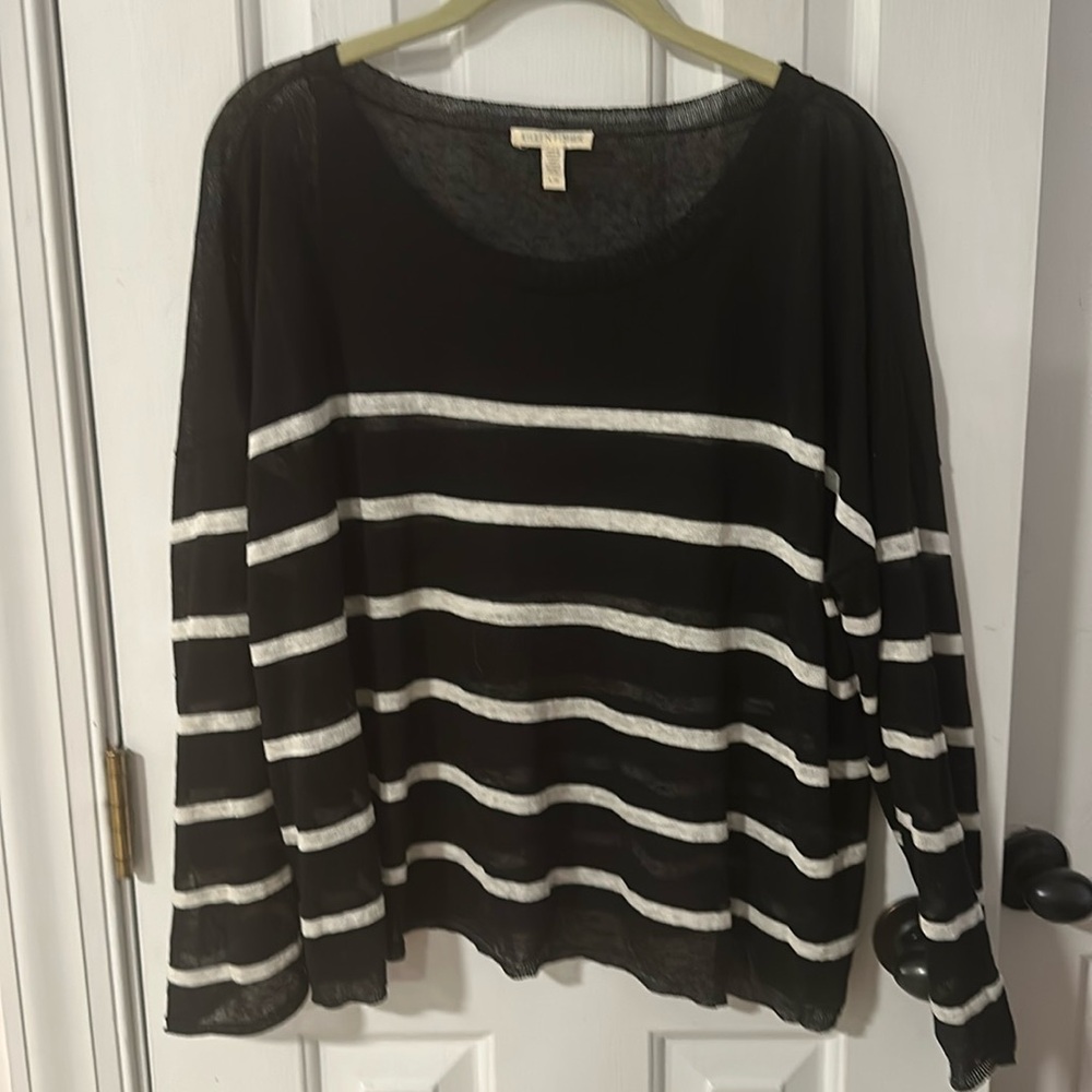 Eileen Fisher Thin Black and White Striped Linen Sweater Size Large